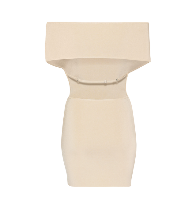 Image 2 of 2 - NEUTRAL - JACQUEMUS Off-the-shoulder Mini Dress featuring fitted mini shape, bare shoulders, open back and adjustable lingerie strap in the back. 90% viscose, 7% polyamide, 3% elastane. Made in Bulgaria. 