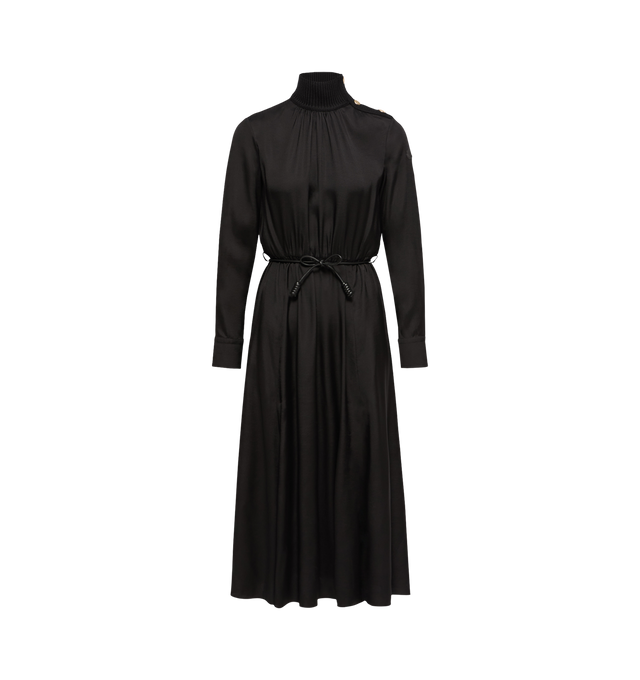 Image 1 of 1 - BLACK - Moncler Women's Belted Knit Dress is crafted from viscose and features a high rib-knit collar, a detachable belt, and a snap-button front closure. Designed with wool trim for added structure, adjustable snap-button cuffs, and a signature leather logo patch, this knit dress offers a streamlined silhouette with refined detailing. Main Material: 100% Viscose / Rayon. Trim: 100% Virgin Wool. Leather Tag: Calf Leather.  