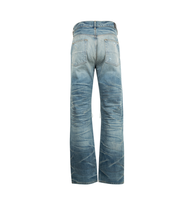 Image 2 of 3 - BLUE - AMIRI Pleated Denim Straight MX1 Jeans featuring fading, whiskering, and hand-distressing throughout, belt loops, five-pocket styling, button-fly, underlay at rips, leather logo patch at back waistband and logo-engraved silver-tone hardware. 92% cotton, 6% elastomultiester, 2% elastane. Made in United States. 