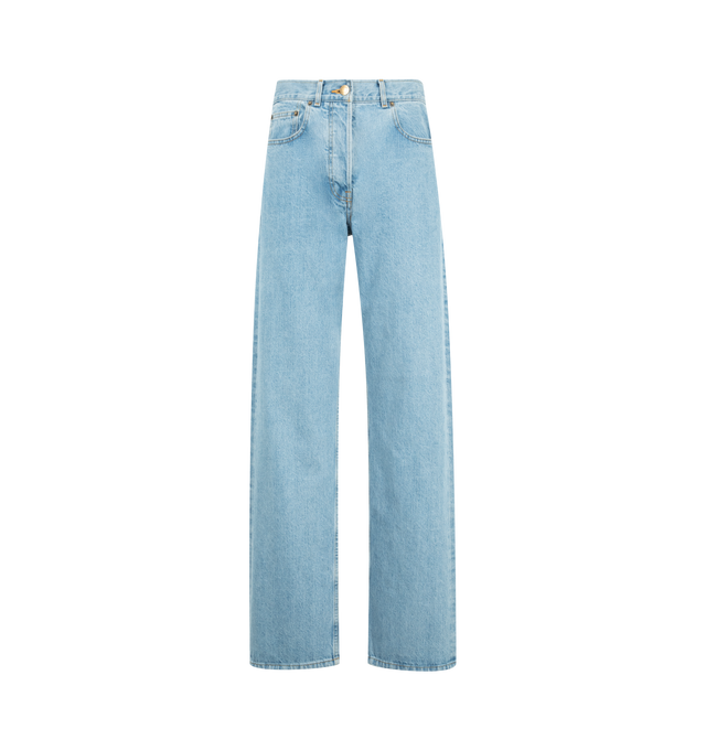 Image 1 of 3 - BLUE - Thom Browne Womens Classic 5-Pocket Jeans are crafted from Japanese selvedge denim. Feature a relaxed fit, button fly closure, five-pocket styling, reinforced back yoke with adjustable button-fastening backstrap, selvedge detail at the inner cuffs, and signature striped grosgrain loop tab. Main Material: 100% Cotton. Made in Japan. 