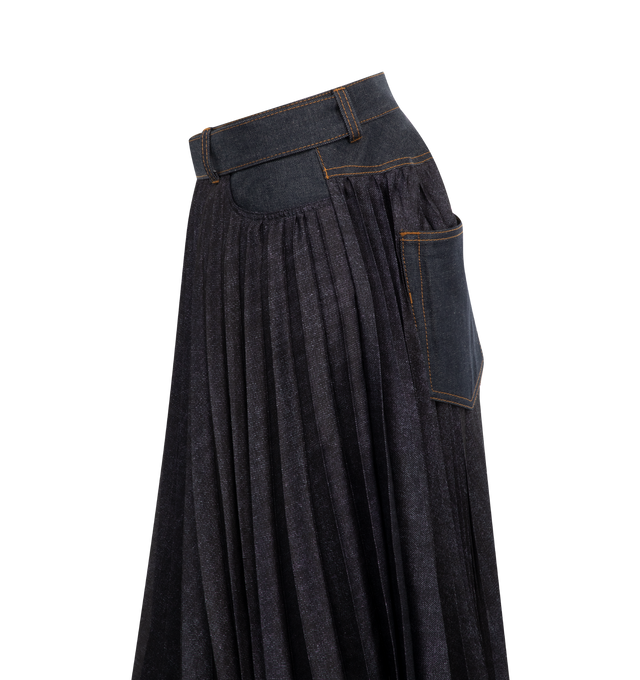 Image 3 of 3 - NAVY - Sacai Women's Denim Mix Skirt in midi length with pleating all-around, denim belted waistband and back pockets. Polyester with cotton denim trim and Cupro lining. Made in Japan. 