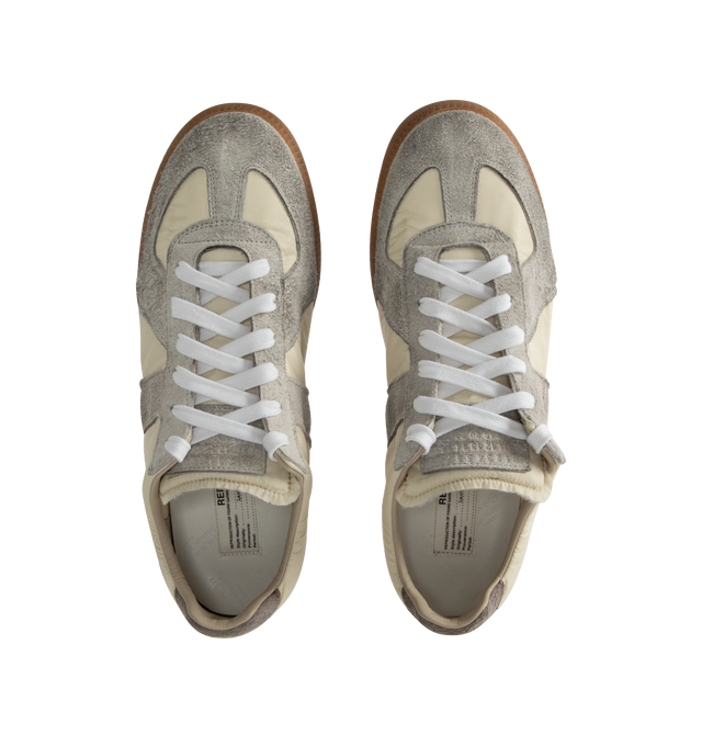 Image 5 of 5 - NEUTRAL - MAISON MARGIELA Replica Sneaker in dirty treatment nylon and hairy suede, classic rubber sole featuring low-profile, rounded toe, lace up style, label with the "Replica" inscription on the tongue. 