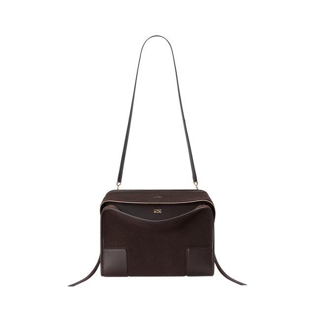 Image 10 of 16 - BROWN - LOEWE Large Amazona 180 Bag in suede featuring a relaxed silhouette anchored by a single toron top handle, designed to be carried open while a concealed closure secures the main compartment, removable shoulder and crossbody straps, zip closure with two leather zip pullers, two compartments, main compartment closed with magnetic closure, internal flat pocket, left side d-ring for customization, suede and nappa lambskin lining, embossed LOEWE and embossed double L branding. Suede/calf 