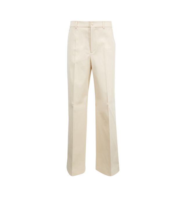 Image 1 of 3 - WHITE - MONCLER Tailored Cotton Gabardine Pants featuring cotton stretch gabardine, zipper and snap button closure, side pockets and back pockets. 98% cotton, 2% elastane/spandex. Made in Hungary. 