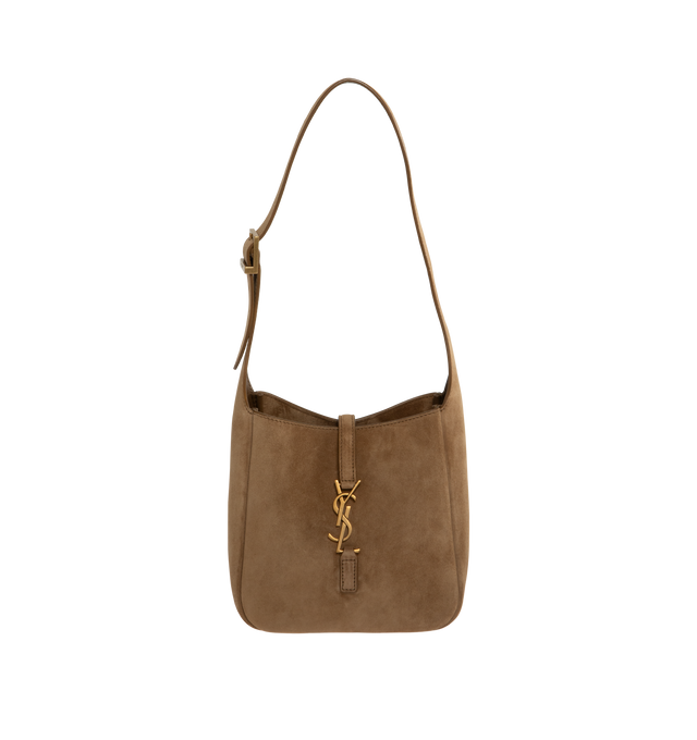 Image 1 of 3 - BROWN - SAINT LAURENT Le 5  7 Supple Baby Bag in suede featuring leather tab closure decorated with the cassandre, supple construction lined in tonal leather, an inner card holder and an adjustable strap. 6.7" x 6.3" x 2.8". Handle drop: 10.12". Made in Italy. 