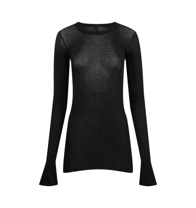Image 1 of 2 - BLACK - Rick Owens Womens Long Sleeve Rib T-Shirt is crafted from lightweight organic cotton mini rib jersey. Features a slim fit, below-hip length, ribbed crew neck, long sleeves, raw-cut hem and cuffs, and the signature center back seam. Main Material: 100% Organic Cotton. Made in Italy. 