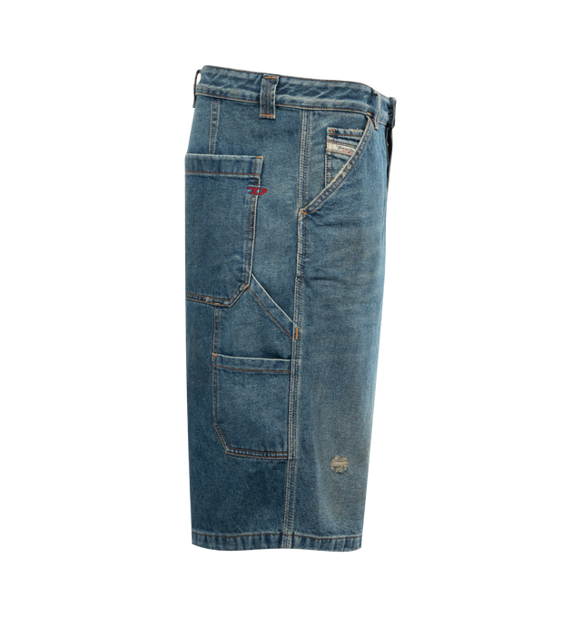 Image 2 of 3 - BLUE - DIESEL D-Livery-Short featuring a relaxed-leg, knee-length fit, workwear-inspired details, such as the hammer loop and small patch pockets on the side of the leg. 100% cotton. 