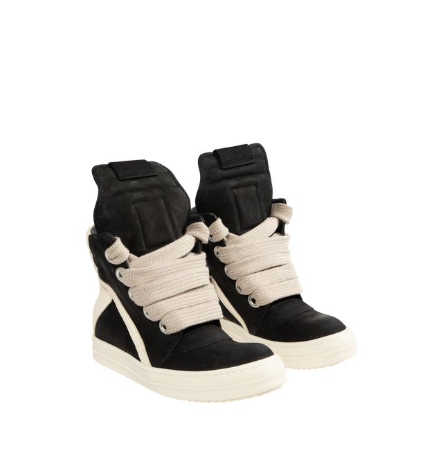 Image 2 of 5 - BLACK - RICK OWENS Jumbolace Geobasket Sneakers featuring high-top LWG-certified grained lambskin sneakers, perforated detailing at toe, lace-up closure, pull-loop at extended padded tongue, quilted padded collar, buffed calfskin lining and treaded rubber sole. Upper: lambskin, calfskin. Sole: rubber. Made in Italy. 