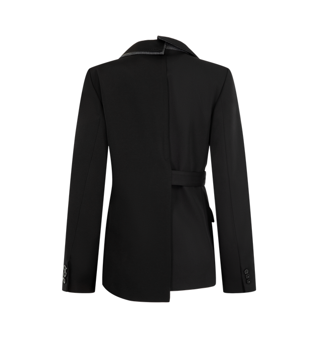 Image 2 of 2 - BLACK - Sacai Women's Silk Cotton asymmetric blazer features an overlapping satin-trimmed lapel and a wrapped side-tie detail. Materials: 54% Silk, 46% Cotton, Attached Parts: 55% Polyester, 45% Wool. 