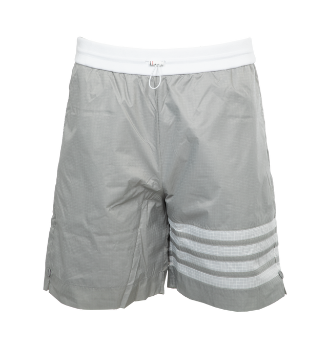 GREY - THOM BROWNE Mid Thigh 4 Bar Short featuring striped print, logo at the back, logo at the back label, knee length, side pockets. 100% polyamide.
