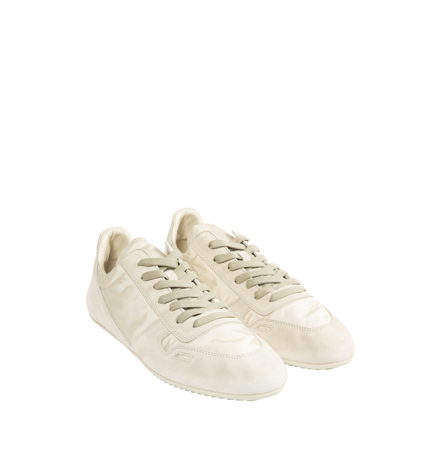 Image 2 of 5 - WHITE - RICK OWENS Minimal Low-Top Sneakers featuring a tonal, low-top silhouette with suede detailing, a round toe, lace-up style, textile upper, leather lining and rubber sole. Made in Italy. 