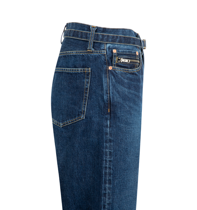 Image 3 of 3 - BLUE - SACAI BEYONDEXX Jeans featuring straight-leg, belted, button and zip fastening and five pocket styling. 100% cotton. 