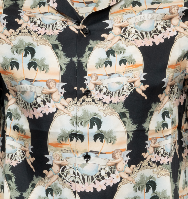Image 3 of 3 - BLACK - AMIRI All Over Palm Bowling Shirt featuring all-over angels landscape print, notched collar, short sleeves, unlined, straight hem and front button fastening. 100% silk. 