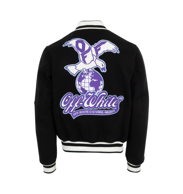 Image 2 of 3 - BLACK - Off-White Eagle Varsity Jacket has a baseball collar, a stud front closure, side pockets, leather and felt applique patches, ribbed trims, and embroidery details. 100% wool.  