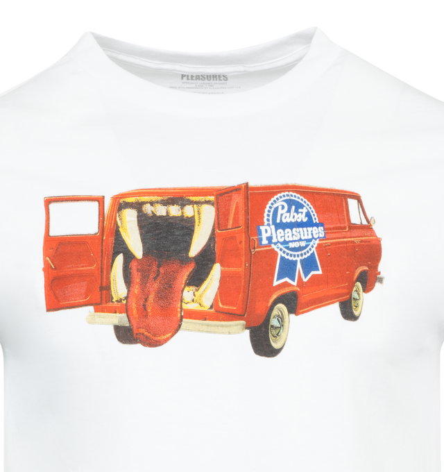 Image 2 of 2 - WHITE - PLEASURES BEER VAN T-SHIRT featuring screen print, crewneck, ribbed trims and short sleeves. 100% cotton.  