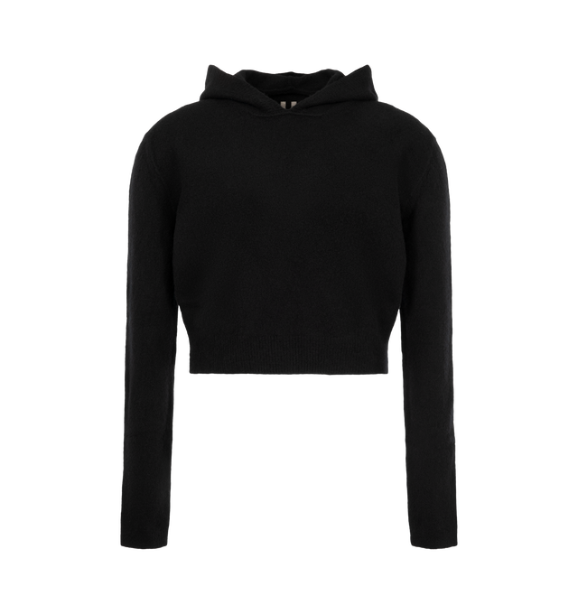 Image 1 of 2 - BLACK - Rick Owens men's Cropped Hooded Pull is crafted from a luxurious cashmere-blend knit and features a cropped silhouette with an attached hood for a refined yet relaxed look. Designed with the brand's signature minimalist aesthetic, this lightweight style combines exceptional softness with subtle stretch for everyday comfort. Main Material: 80% Cashmere, 18% Polyamide, 2% Elastane. 