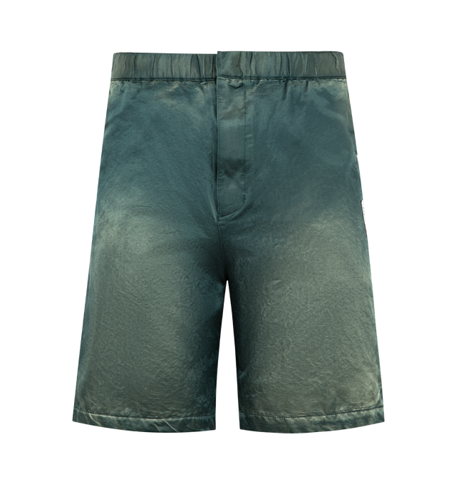 Image 1 of 3 - GREEN - Maison Mihara Yasuhiro Men's Sun Faded Satin Shorts are crafted from satin and feature a relaxed silhouette with a sun-faded finish for a vintage-inspired look. These designer shorts combine lightweight comfort with Maison Mihara Yasuhiro's signature contemporary aesthetic, creating an effortless style for everyday wear. Main Material: Satin. Made in Japan. 