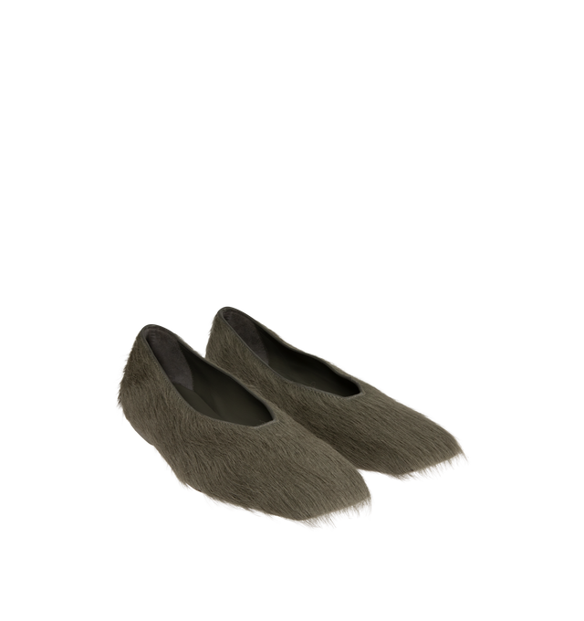 Image 2 of 4 - GREEN - Rick Owens Womens Ballerina Flats are crafted from cow hair & leather matreials with a square-toe silhouette. Feature a flat slip-on design, calf leather lining and insole, leather outsole with thermoplastic polyurethane detail, and genuine python upper with a naturally bleached finish. Upper: 100% Cow Hair ; Lining: 100% Calf Leather; Insole: 100% Calf Leather; Sole: 100% Cow Leather; Sole Detail: 100% Thermoplastic Polyurethane. Made in Italy. 