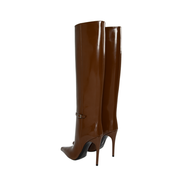 Image 3 of 5 - BROWN - SAINT LAURENT Vendome Boots featuring pointed tow, stiletto heel and buckle strap at ankle. 4.3 inches. 95% calfskin, 5% brass.  