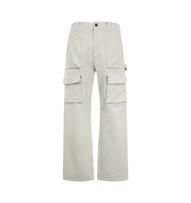 Image 1 of 3 - GREY - Loewe Men's Cargo Trousers are crafted from medium-weight grey cotton canvas and feature a regular fit with a mid-rise waist, straight leg, and regular length. Wire-trimmed flap pockets, slash pockets, rear patch pockets, a hammer loop, and a concealed zip fly define the utility-inspired design, while a Loewe rubber patch accents the rear pocket. Main Material: Cotton. Made in Italy. 