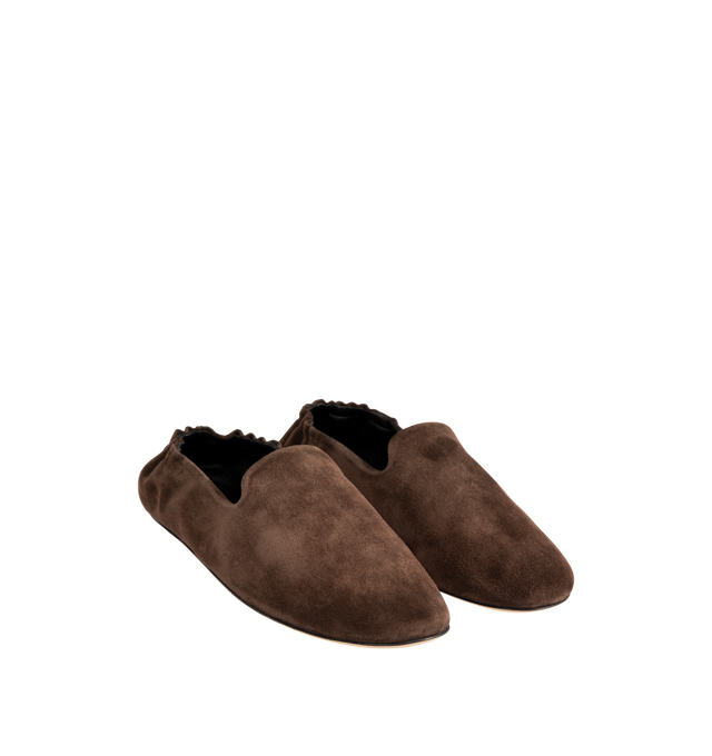 Image 2 of 4 - BROWN - THE ROW Casa Slipper featuring slip-on shoe in soft calfskin suede with round toe, elasticated heel and flexible leather sole. 100% calfskin suede. Lined in 100% lambskin leather. Calfskin leather sole. Made in Italy. 