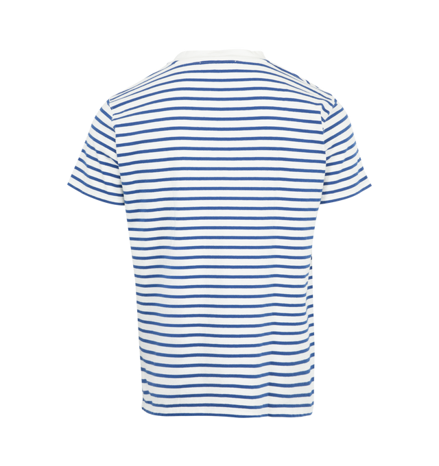 Image 2 of 2 - BLUE - OUR LEGACY Bliss T-shirt featuring distressed striped jersey, wide collapsed neck, straight hem, inverted Our Legacy side patch and relaxed, regular fit. 100% cotton. 