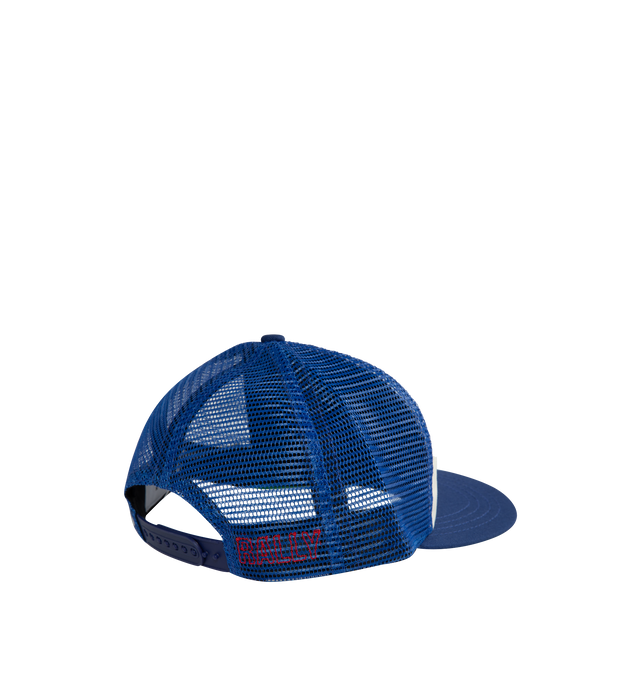 Image 3 of 3 - BLUE - RHUDE Paradiso Hills Trucker Hat featuring snapback cap, five panel design, embroidered logo, patchwork details and back snap closure. 100% cotton. 
