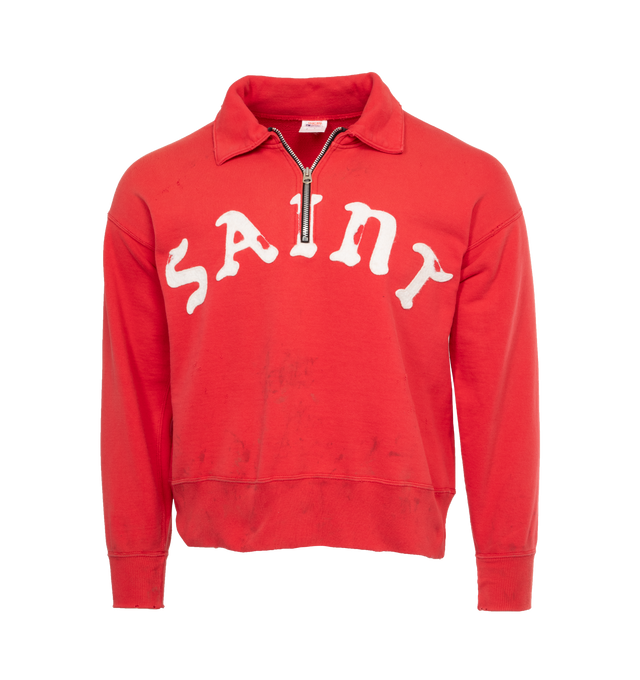 Image 1 of 3 - RED - SAINT MICHAEL Half Zip Sweater featuring logo on front, ribbed cuffs and hem, collar and half zip. 100% cotton.  