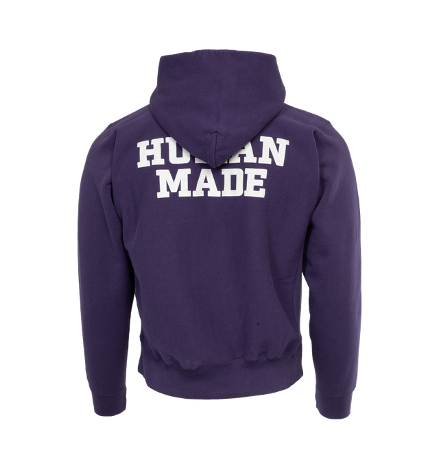 Image 2 of 4 - PURPLE - HUMAN MADE Heavyweight Hoodie featuring front and back print, heart logo on sleeve, ribbed cuffs and hem and kangaroo pocket. 100% cotton.  