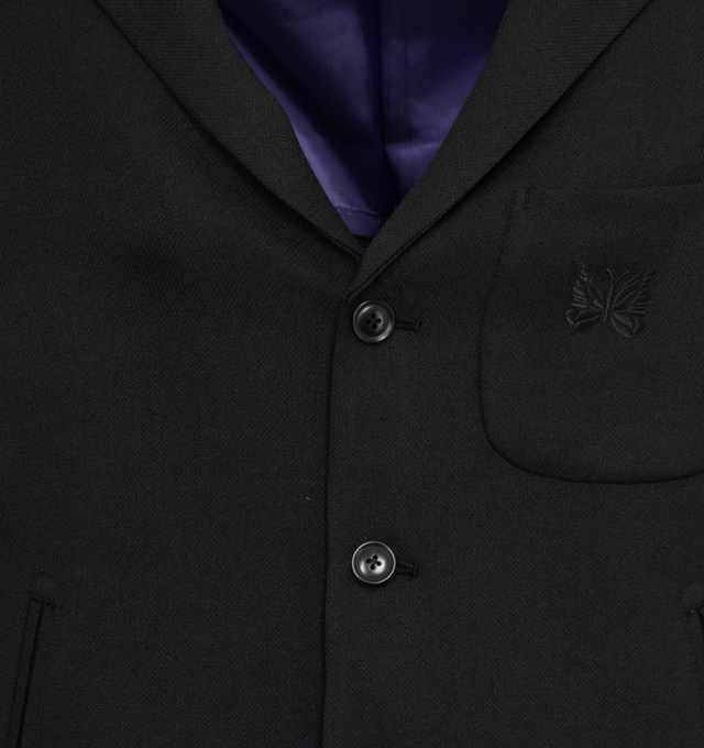 Image 3 of 3 - BLACK - NEEDLES Raglan Jacket featuring chest pocket is embroidered with a papillon (butterfly). Made of polyester but textured dobby cloth material. This fabric is lightweight and has excellent breathability. 100% polyester. Made in Japan. 