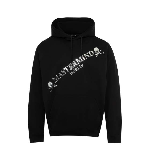 Image 1 of 3 - BLACK - MASTERMIND JAPAN Logo Hoodie featuring logo print to the front, skull print to the rear, drawstring hood, drop shoulder, long sleeves, front pouch pocket and ribbed cuffs and hem. 100% cotton. 