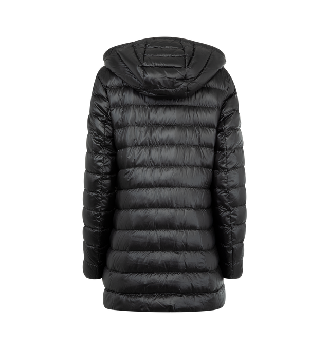 Image 2 of 3 - BLACK - MONCLER Jasmin Hooded Short Down Parka featuring signature embroidered logo patch on the left sleeve, adjustable drawstring hood, long sleeves with elastic cuffs, flap pockets with snap closures, classic fit and two-way zip-front. Nylon/polyamide. Fill: Down/feather. Lining: Polyester. 