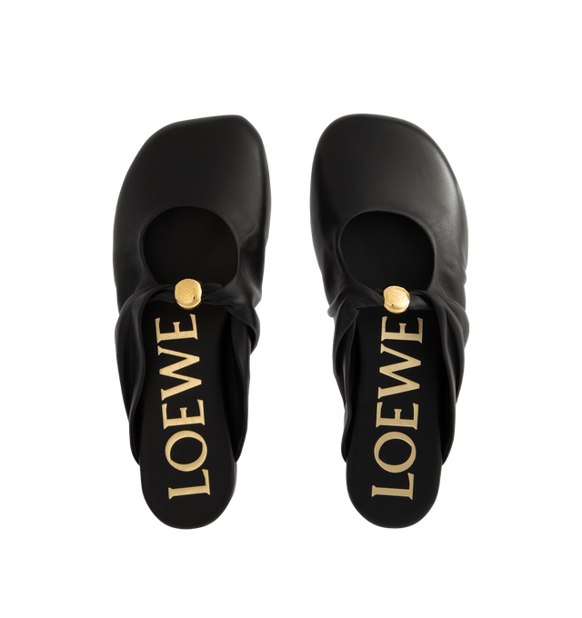 Image 4 of 4 - BLACK - LOEWE Pebble Soft Mule in supple nappa lambskin with a flexible upper featuring a metallic Pebble with an Anagram engraved detail and a signature petal toe shape, padded leather insole and anagram embossed rubber outsole. Lambskin. Made in Italy. 