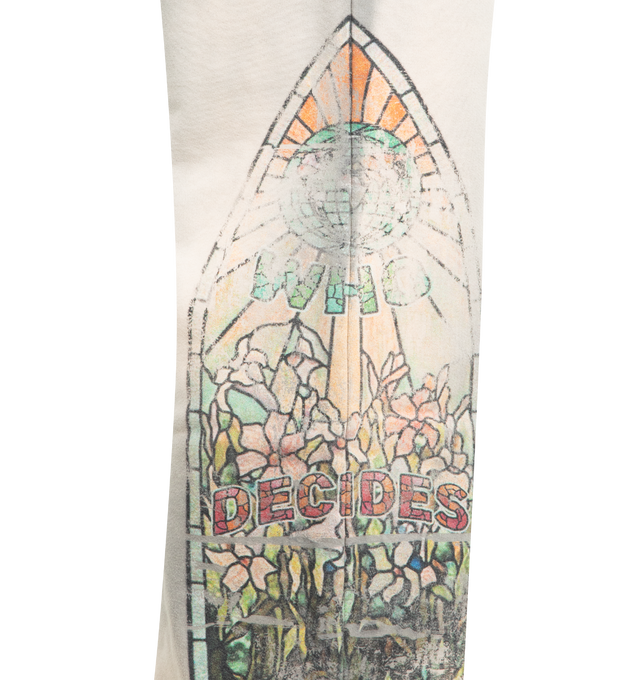 Image 4 of 4 - GREY - WHO DECIDES WAR Faded Sweatpant featuring relaxed fit, faded graphic in chapel window pattern, flared legs, two back pockets and elasticated drawstring waistband. 100% cotton.  