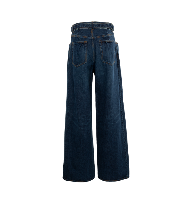 Image 2 of 4 - BLUE - SACAI Wide Denim Pants featuring relaxed fit, full length, adjustable belt and topstitching. 100% cotton.  