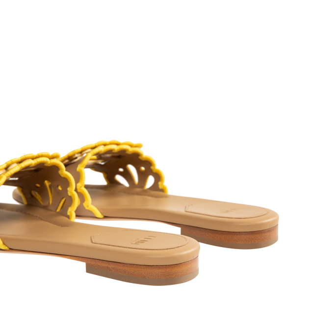 Image 3 of 4 - BROWN - FENDI Baguette Slide featuring wide-band, nappa leather embellished with openwork embroidery and scalloped edges, contrasting yellow yarn, tone on tone Baguette FF motif with scalloped edges and yellow yarn embroidery. 100% calfskin. Made in Italy.  