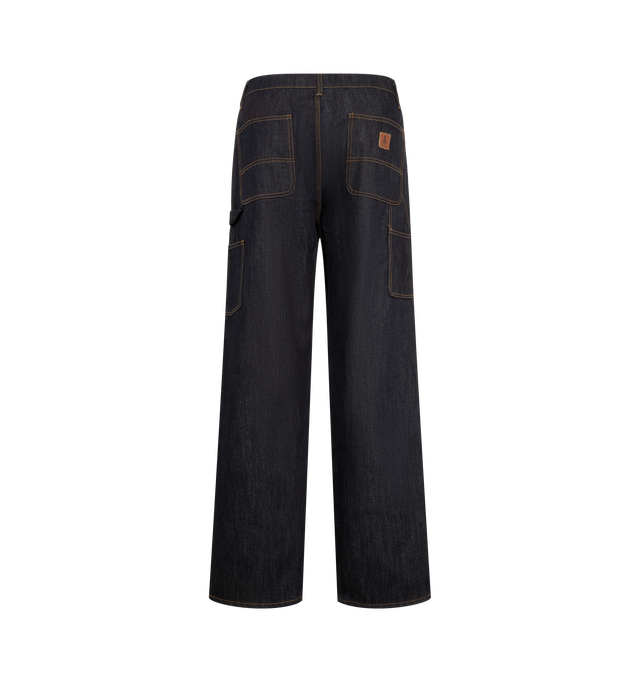 Image 2 of 3 - BLUE - One Of These Days Men's Double Knee Pant is crafted from 12oz rinse-wash cotton denim and features a relaxed straight-leg fit with durable triple-needle stitching. Designed with double-layer knee panels, slanted side pockets, tool pockets, a hammer loop, reinforced belt loops, and a zip-fly closure, the workwear-inspired silhouette is finished with a leather horse patch at the back pocket. Main Material: 100% cotton denim.  