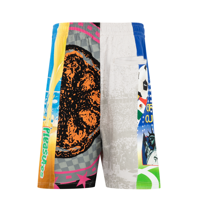 Image 2 of 4 - MULTI - Pleasures Mens World Cup Wide Shorts are crafted from heavyweight cotton jersey. Features a wide-leg silhouette, pin-tucked pleats, elastic waistband, and all-over graphic print. Main Material: Cotton. Made in China. 