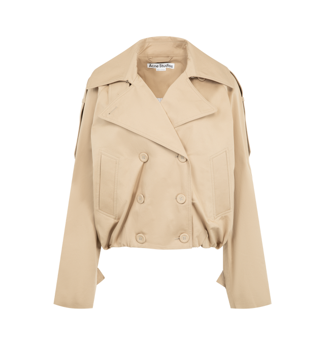 Image 1 of 3 - NEUTRAL - Acne Studios Womens Short Trench Coat is crafted from cotton twill. Features a relaxed fit, below-waist length, wide lapels, epaulettes, side pockets, sleeve tabs, balloon hem, and Acne Studios logo at the back neckline. Main Material: 99% Cotton, 1% Elastane; Lining: 100% Cotton. Made with organically grown cotton. Made in Portugal. 