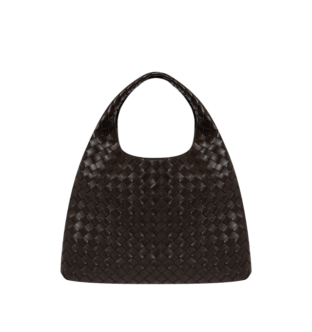 Image 1 of 3 - BROWN - Bottega Veneta Womens Large Campana Shoulder Bag is crafted from supple Intrecciato leather. Features an archival silhouette, leather tie closure with hidden magnetic fastening, one internal zip pocket, unlined interior, and brass-finish hardware. Main Material: Leather. Dimensions: 24 cm H x 39 cm W x 18.5 cm D (9.4" H x 15.4" W x 7.3" D). Handle drop: 25 cm (9.8"). Fits up to a 13" laptop. Made in Italy. 
