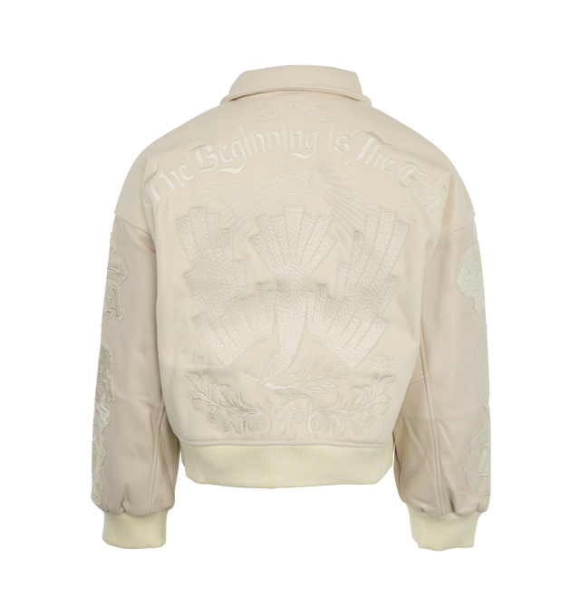 Image 2 of 3 - WHITE - UNTITLED ARTWORKS Angel Of Peace Varsity Jacket featuring regular fit, embroidered graphics throughout, spread collar, front press-stud closure and ribbed cuffs and hem. 100% leather. 100% wool. 