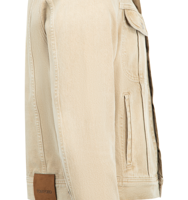 Image 3 of 3 - BROWN - TOM FORD Colored Denim Icon Jacket featuring a lived-in finish, logo tag above the flap pocket, button closure and button cuffs. 100% cotton. Made in the USA. 