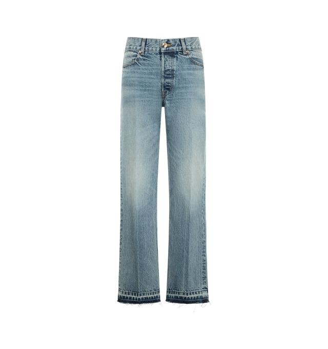Image 1 of 3 - BLUE - Ruadh Women's Olympia Straight Leg Jean is crafted from heavyweight rigid Japanese denim and features a mid-rise silhouette with a relaxed straight-leg fit. Sitting low on the hip, this style is designed to emulate the character of a well-worn vintage jean, classic five-pockets, signature triple belt loops at the back waist semi-precious gold-tone hardware,  and is finished with a released hem.  Main Material: Cotton Denim. Made in USA. 
