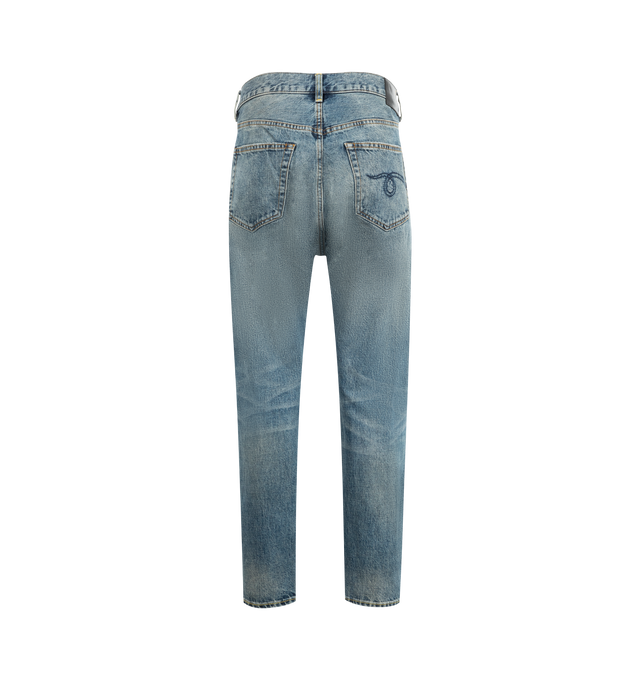 Image 2 of 3 - BLUE - R13 Crossover Jeans featuring fading, whiskering, and distressing throughout, belt loops, five-pocket styling, offset button-fly, raw edge at rolled cuffs and logo patch at back waistband. 100% cotton. Made in Italy. 