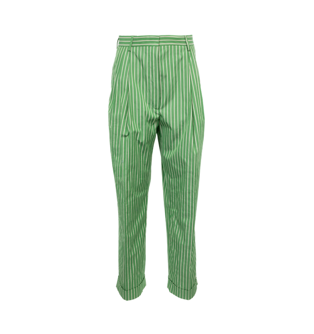 Image 1 of 4 - GREEN - DRIES VAN NOTEN Striped Trousers featuring two side slit pockets, two back flap pockets, concealed zip and hook closure, belt loops and cuffed hem. 100% cotton.  