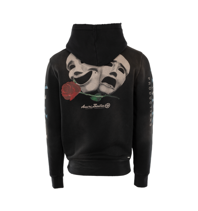 Image 2 of 4 - BLACK - AMIRI Theatre Masks Hoodie featuring  Amiri Productions logos on the chest and sleeves, theatrical comedy and tragedy masks adorn the back, faded washed effect, hooded, long sleeves, kangaroo pocket and pulls over. 100% cotton. 