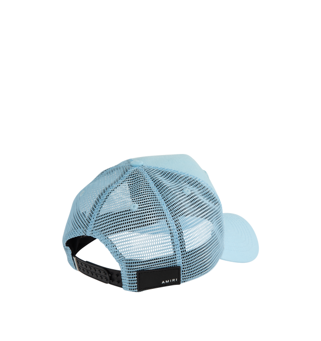 Image 3 of 3 - BLUE - AMIRI STAGGERED LOGO TRUCKER features the Amiri brand logo at the front in staggered letter patches in black and outlined in white with a mesh backing. 100%cotton. Lining: 100% lyocell. Mesh: 100% polyester. 