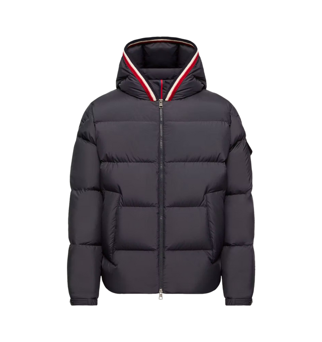 Image 1 of 1 - NAVY - Moncler Men's Lacfroid Hooded Down-Filled Jacket is crafted from polyester and features a regular-fit silhouette, an adjustable hood with signature tricolor trim, and down-filled insulation for cold-weather protection. Designed with a front zip closure, zipped pockets, an interior zip pocket, a sleeve pocket with snap-button closure, and an adjustable hem, it balances functionality with Moncler's signature detailing. Main Material: 100% Polyester. Lining: 100% Polyester. Padding: 90% D 