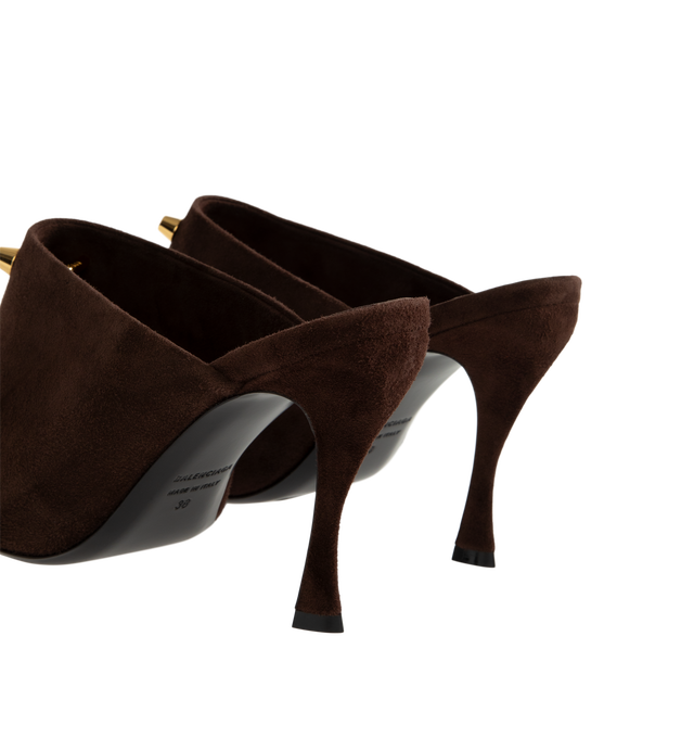 Image 3 of 4 - BROWN - Balenciaga Women's Midnight City Mule is crafted from suede goatskin and features an open-toe silhouette, a deep low-cut vamp, and a sculptural construction. Adorned with two signature City studs, this elevated mule is finished with a sculptural heel, Balenciaga Paris logo at the insole, small gold perforations along the insole edges, a tone-on-tone covered heel, and a black sole. Main Material: Goatskin Suede. Sole: Calfskin. Insole: Lambskin. Heel Height: 95 mm / 3.7 in. Made in Ita 