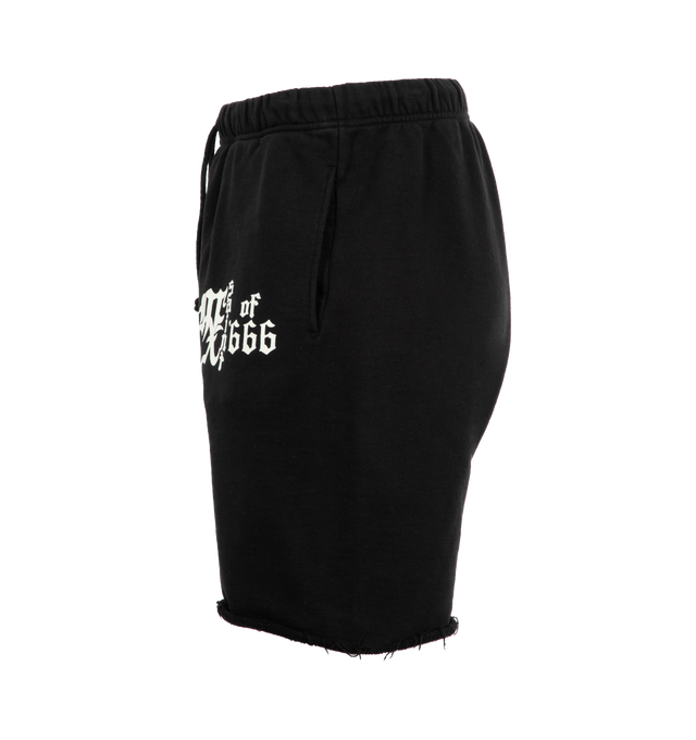 Image 3 of 3 - BLACK - SAINT MICHAEL Sweat Shorts featuring elastic waistband with drawstrings, raw edge, 2 hand pockets and 1 back pocket. 100% cotton. 